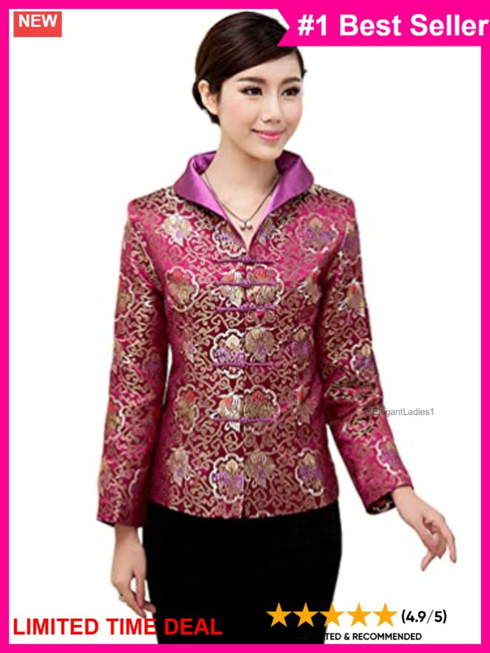 Chinese Brocade Jacket Floral Frog Button Fold-Back Collar Full Lining